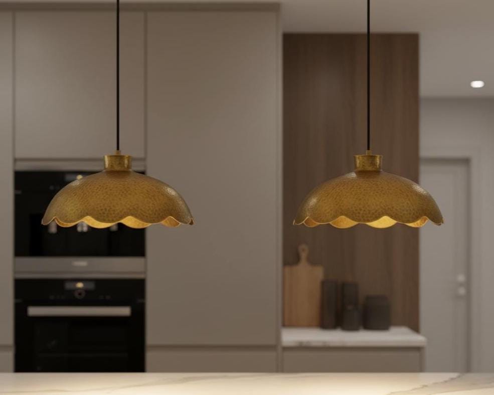 Handmade Scalloped Brass Pendant Light, Rustic Ceiling Lamp for Kitchen Island