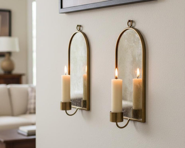 Handcrafted Brass Wall Candle Sconce Set of 2 | Arched Mirror Back Candle Holder | Rustic Boho Home Decor