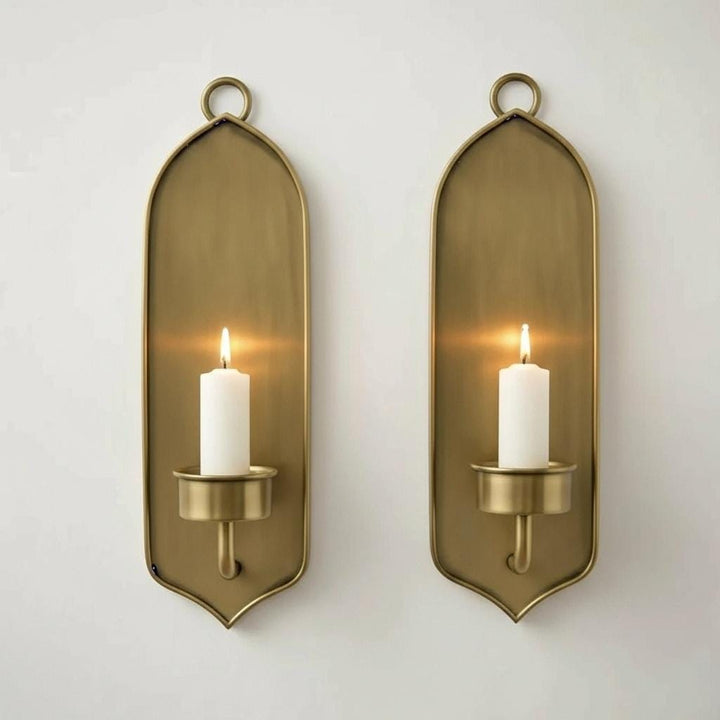 Set of 2 Handmade Brass Wall Sconces – Moroccan Arched Candle Holders