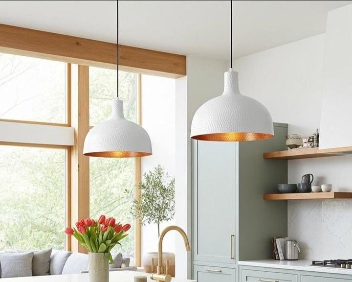 White-Painted Brass Pendant Light, Handmade Moroccan Dome Ceiling Lamp