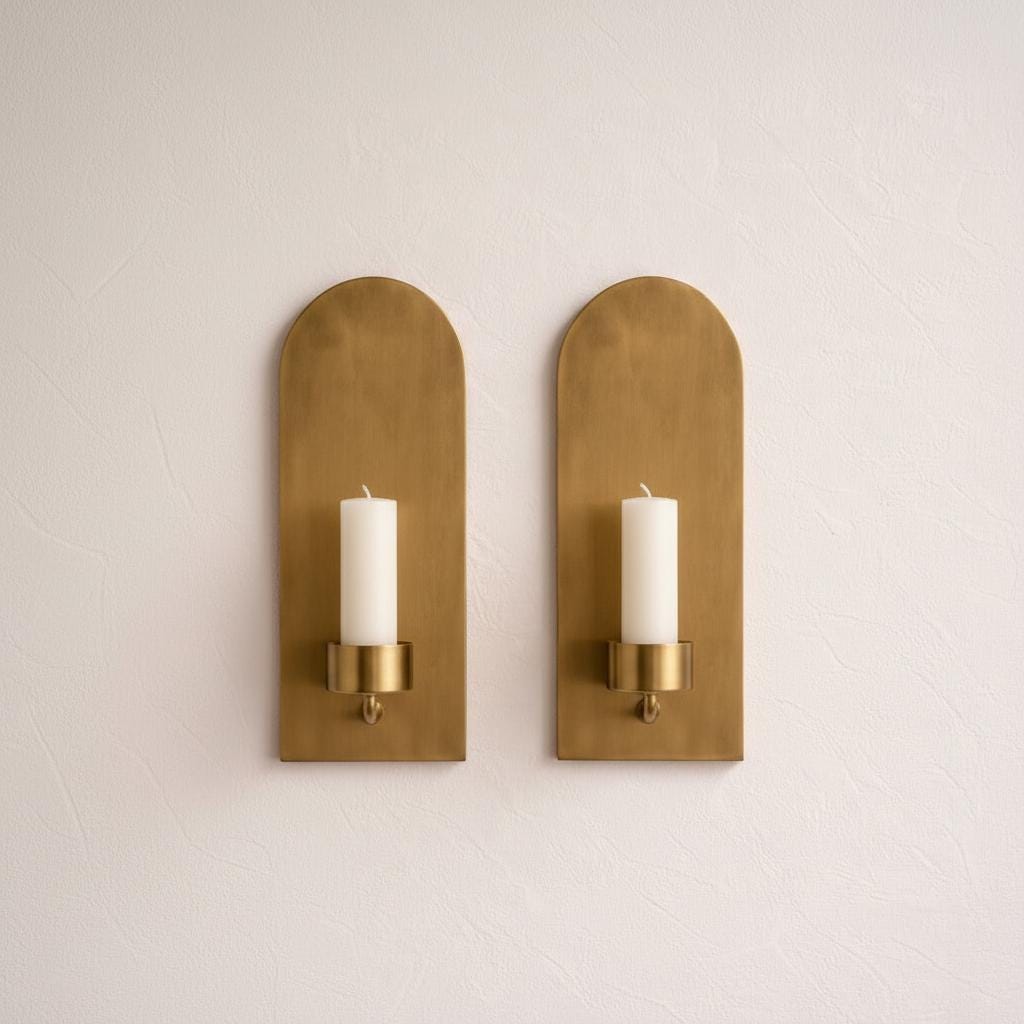 Set of 2 Arched Brass Candle Wall Sconces, Minimalist Gold Decor