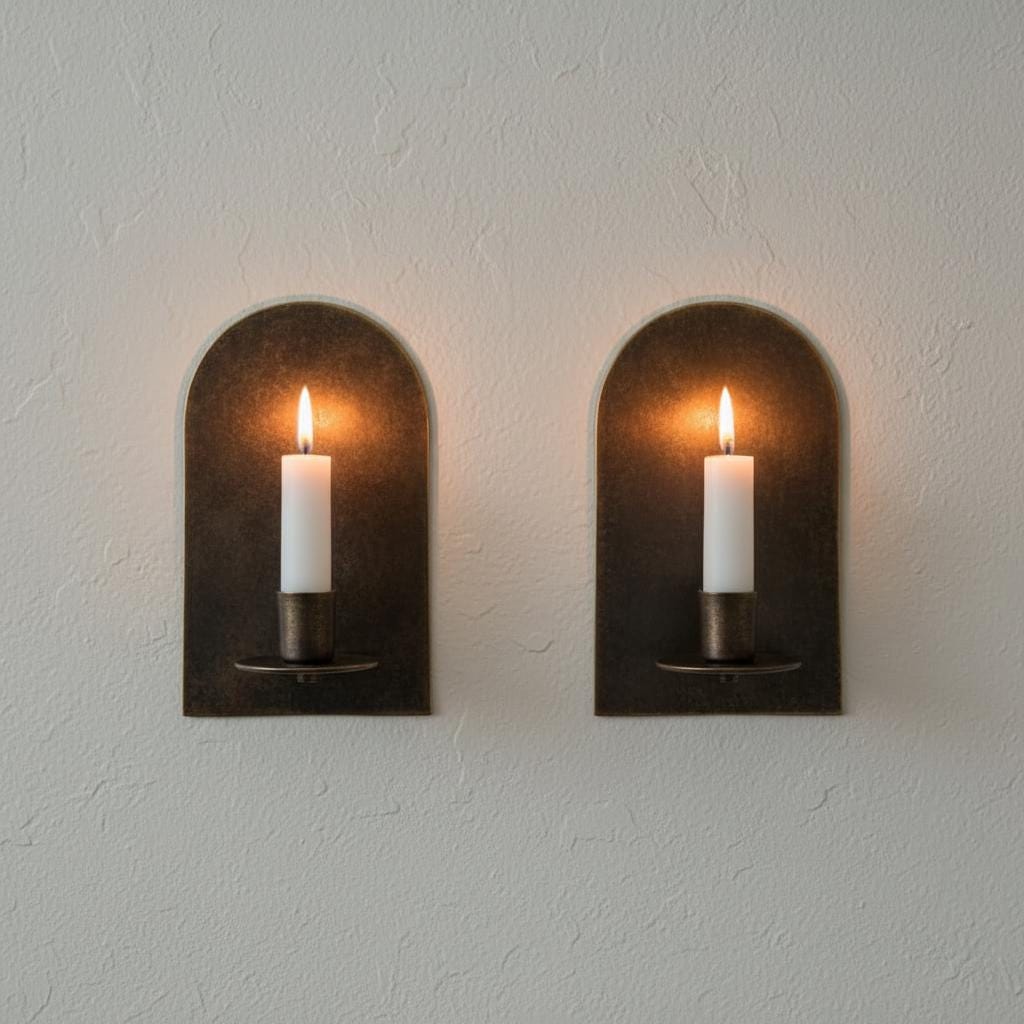 Set of 2 Arched Dark Bronze Brass Wall Sconces, Handmade Minimalist Candle Holders