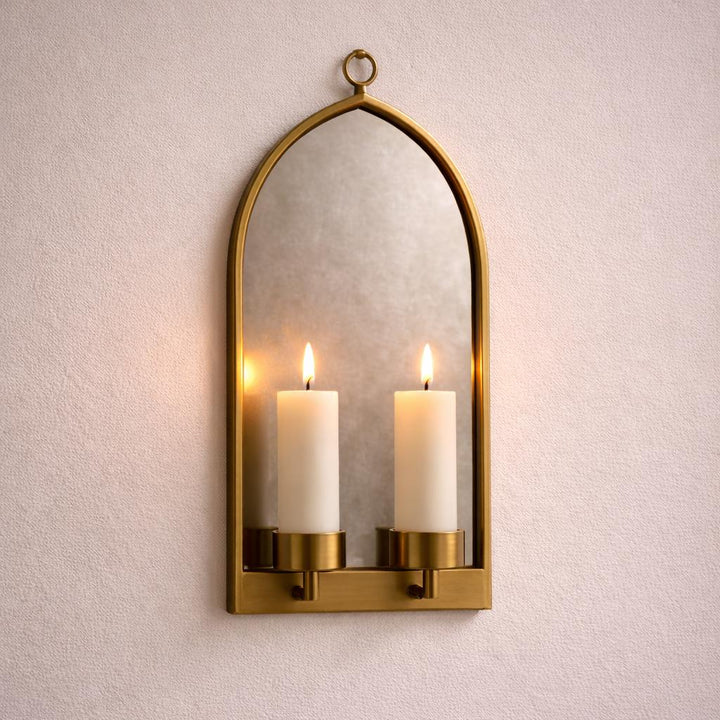 Brass Candle Sconce with Arched Mirror, Handmade Moroccan Wall Decor