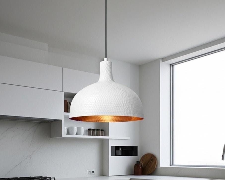 White-Painted Brass Pendant Light, Handmade Moroccan Dome Ceiling Lamp