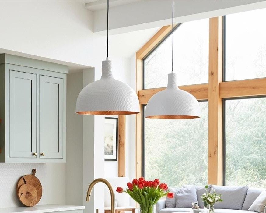 White-Painted Brass Pendant Light, Handmade Moroccan Dome Ceiling Lamp