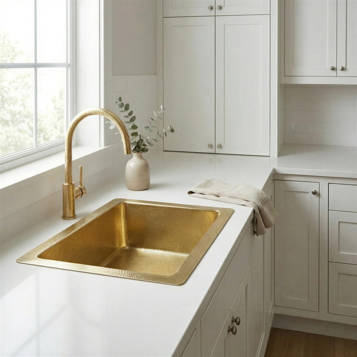 Solid Square Undermount Brass Kitchen Sink, Hammered Brass Kitchen Sink, Rectangular Gold Basin, Drop In Farmhouse Sink