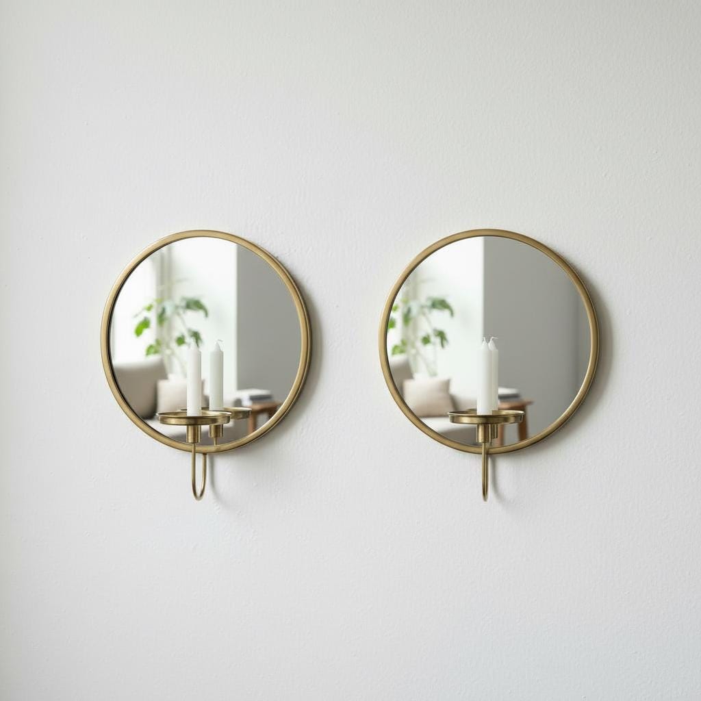 Set of 2 Round Brass Mirror Candle Holders, Minimal Wall Sconces, Vintage Pair