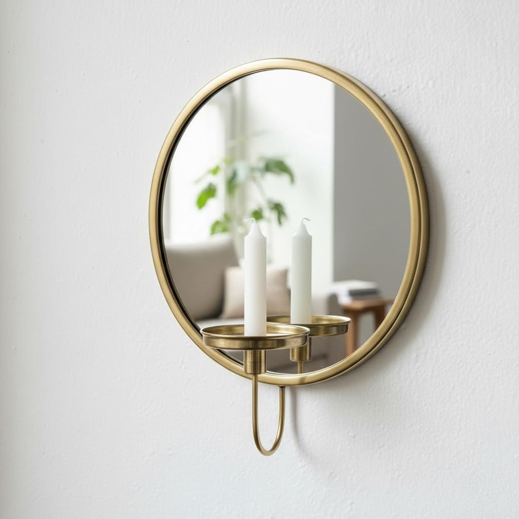 Set of 2 Round Brass Mirror Candle Holders, Minimal Wall Sconces, Vintage Pair