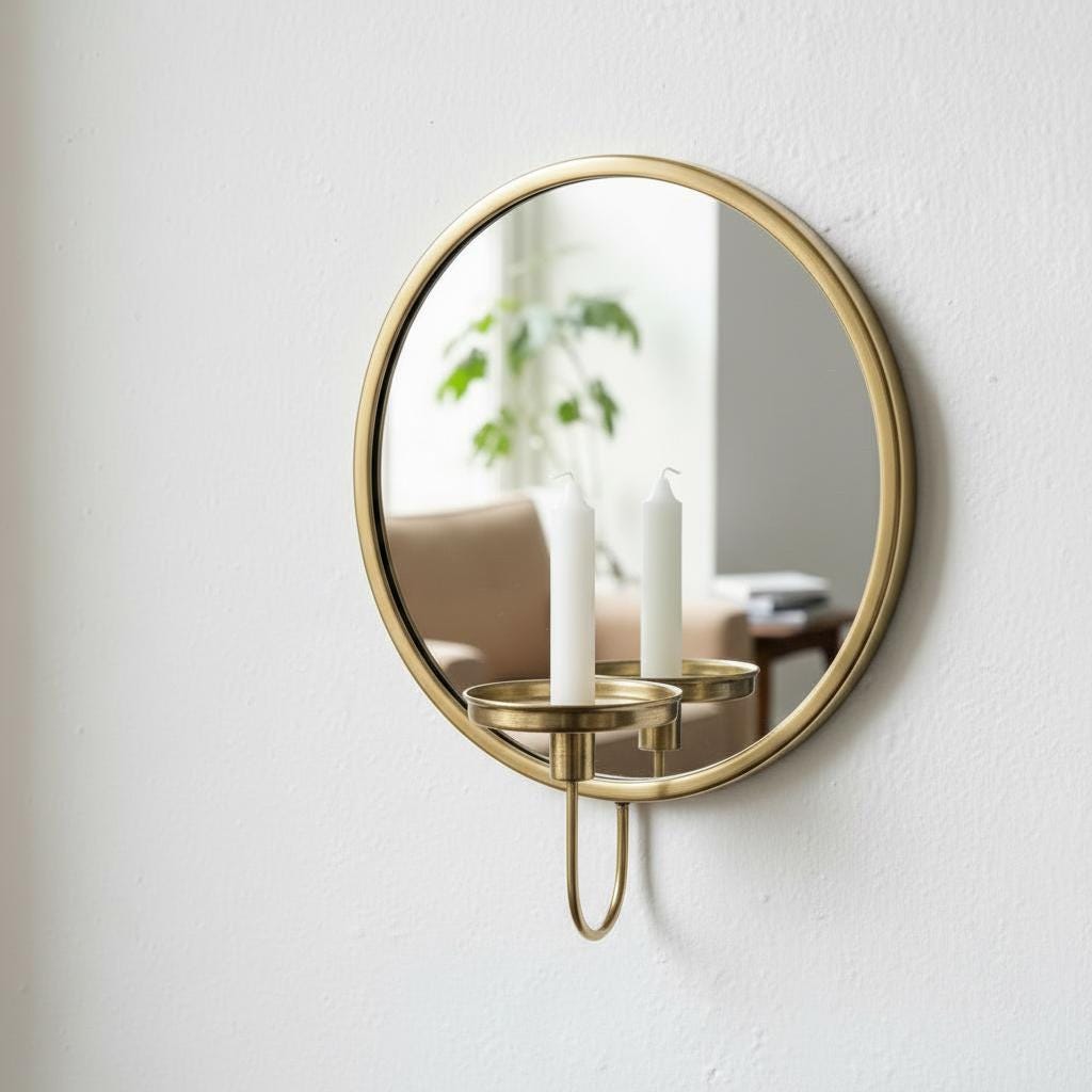 Set of 2 Round Brass Mirror Candle Holders, Minimal Wall Sconces, Vintage Pair