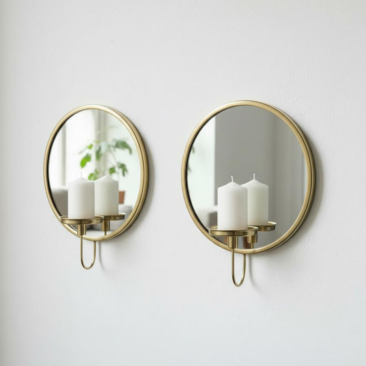 Set of 2 Round Brass Mirror Candle Holders, Minimal Wall Sconces, Vintage Pair