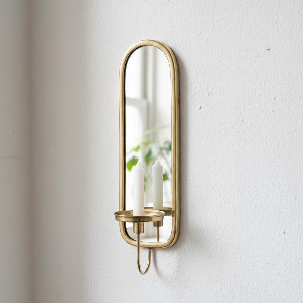 Unlacquered Brass Mirror Wall Sconces – Minimalist Antique Candle Holder with Oval Design