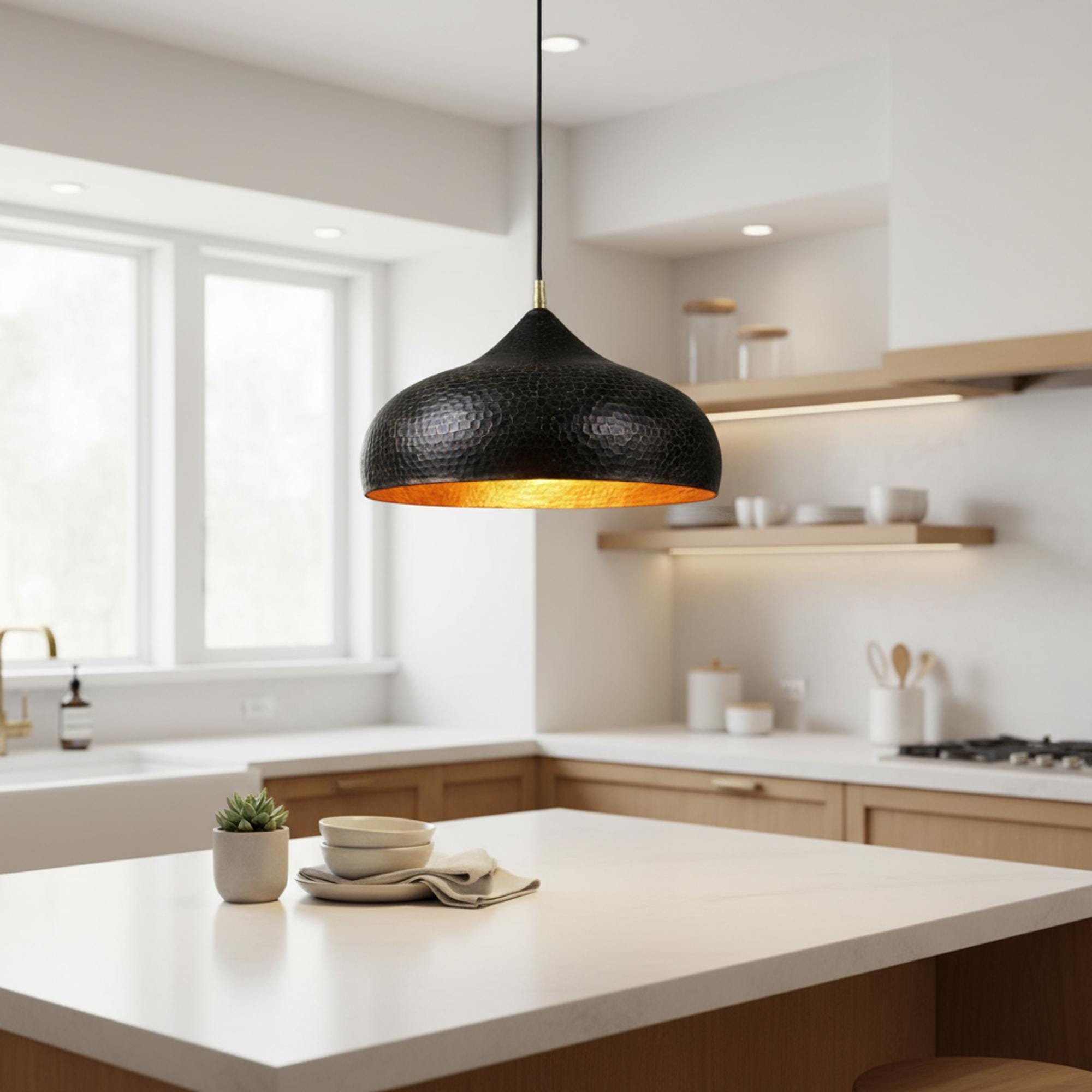 Brass Pendant Light for Kitchen Island, Black Dome Ceiling Lamp, Hand Hammered Gold Interior