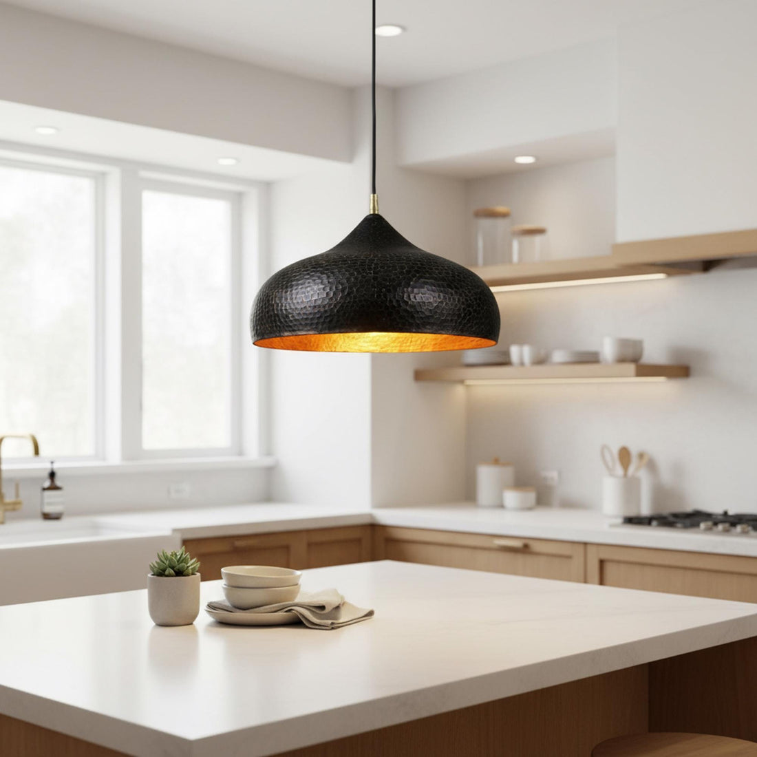 Brass Pendant Light for Kitchen Island, Black Dome Ceiling Lamp, Hand Hammered Gold Interior