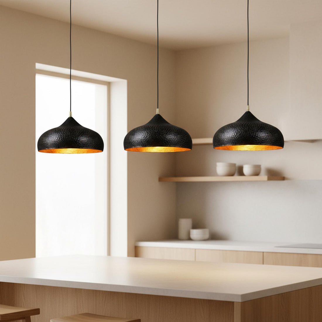 Brass Pendant Light for Kitchen Island, Black Dome Ceiling Lamp, Hand Hammered Gold Interior