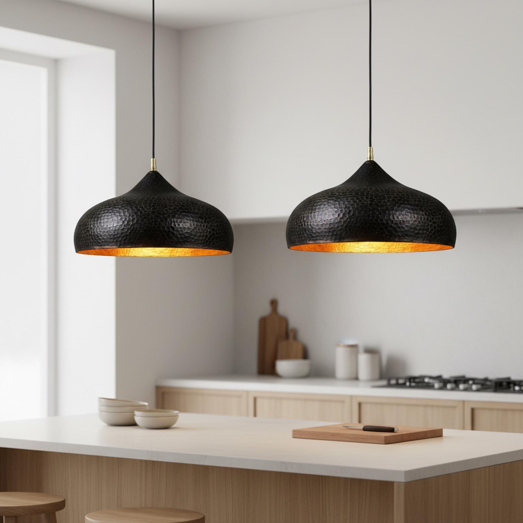 Brass Pendant Light for Kitchen Island, Black Dome Ceiling Lamp, Hand Hammered Gold Interior