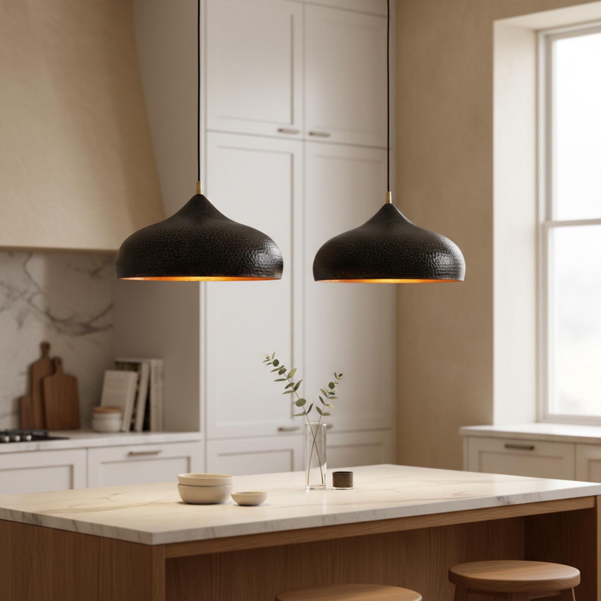 Brass Pendant Light for Kitchen Island, Black Dome Ceiling Lamp, Hand Hammered Gold Interior