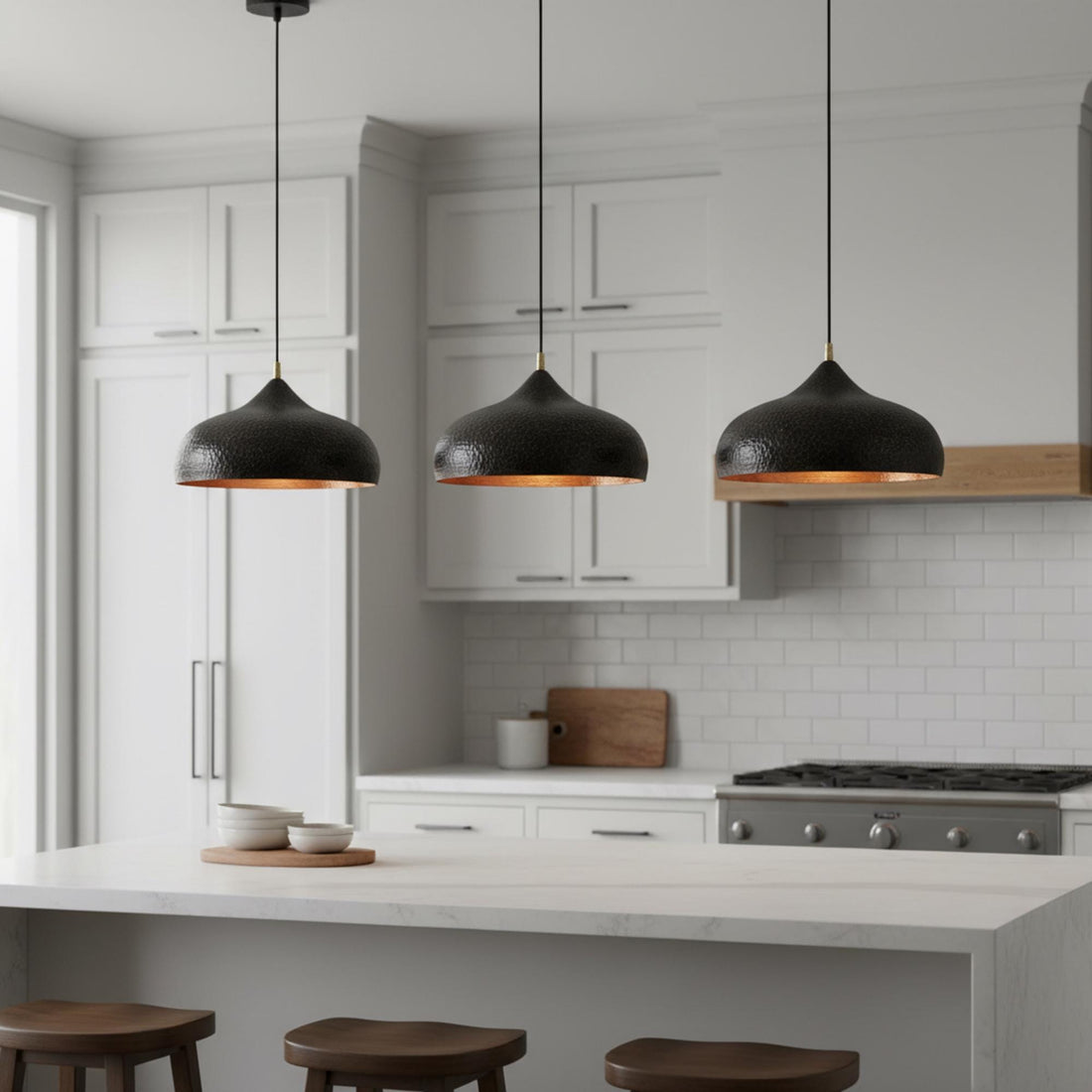 Brass Pendant Light for Kitchen Island, Black Dome Ceiling Lamp, Hand Hammered Gold Interior