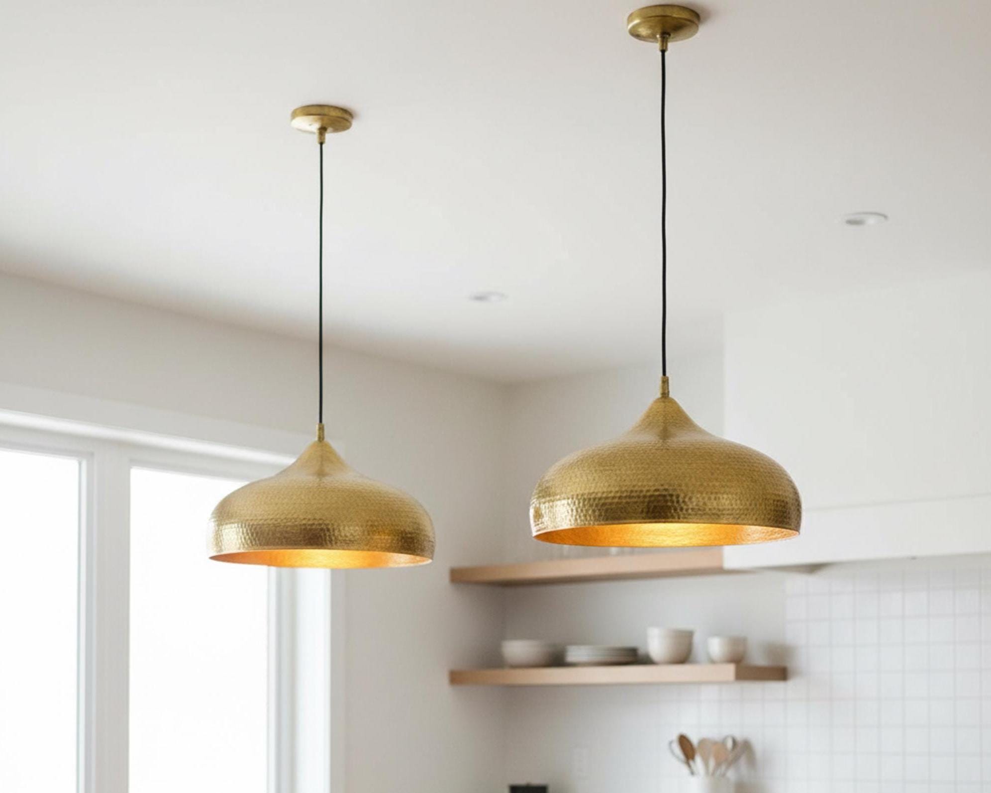 Dome Light Fixture, Hammered Brass Pendant for Kitchen Island, Modern Moroccan Ceiling Lamp