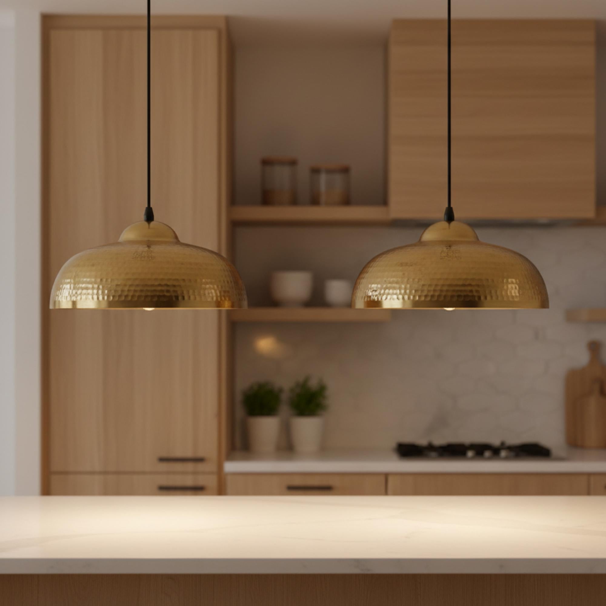 Brass Pendant Lights for Kitchen Island – Hammered Antique Dome Ceiling Lamp