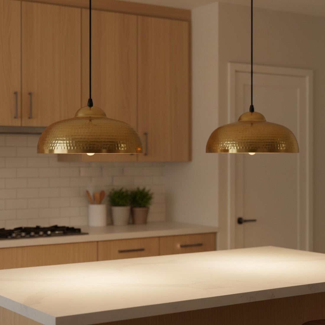 Brass Pendant Lights for Kitchen Island – Hammered Antique Dome Ceiling Lamp