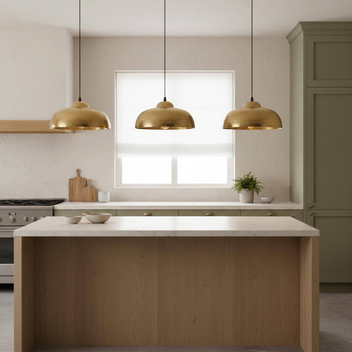 Brass Pendant Lights for Kitchen Island – Hammered Antique Dome Ceiling Lamp