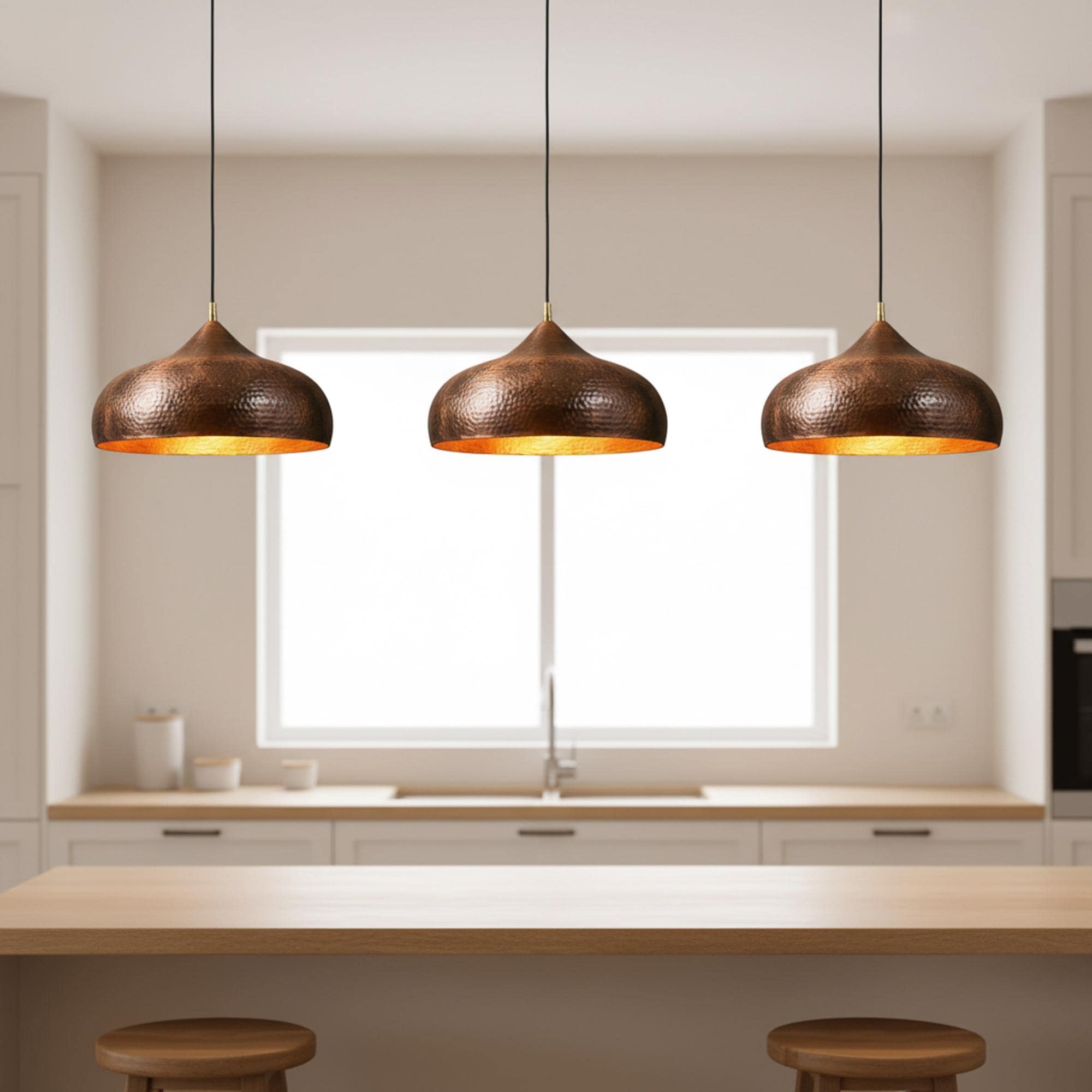 Copper Pendant Light for Kitchen Island – Hammered Dome Ceiling Lamp