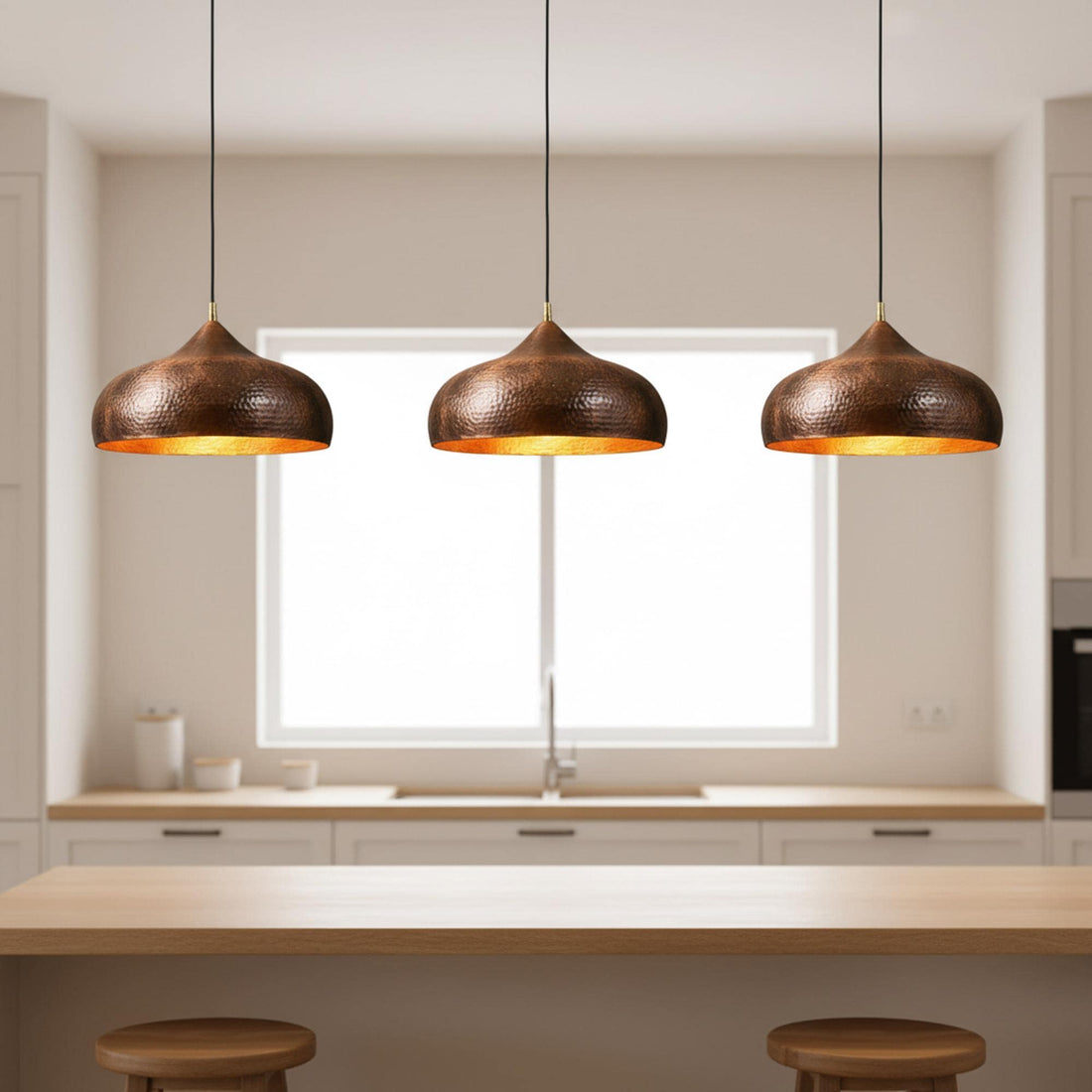 Copper Pendant Light for Kitchen Island – Hammered Dome Ceiling Lamp