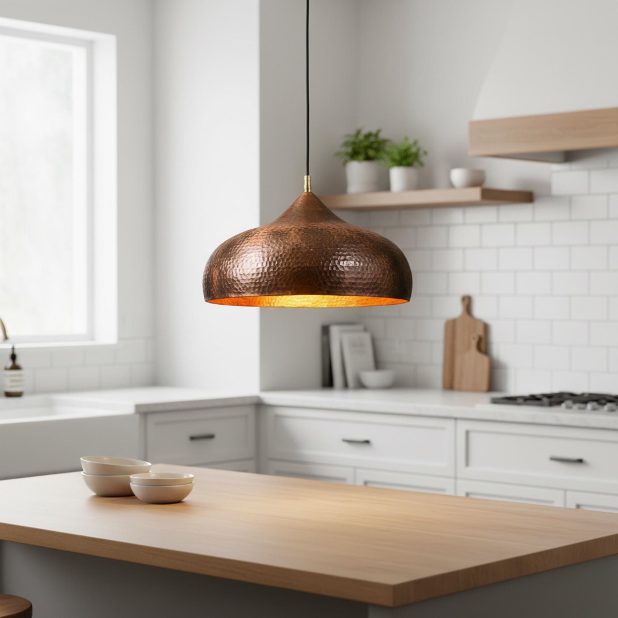 Copper Pendant Light for Kitchen Island – Hammered Dome Ceiling Lamp