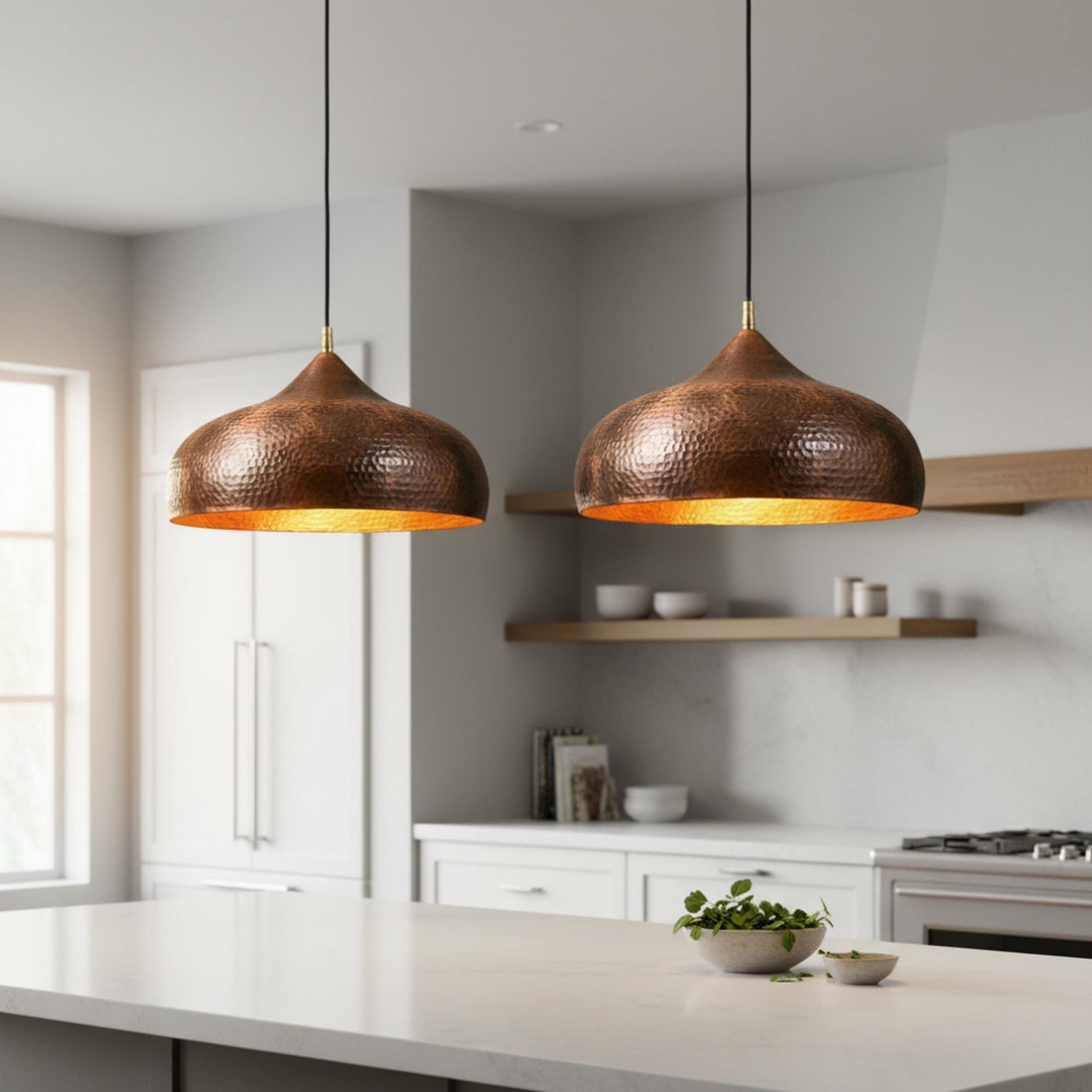 Copper Pendant Light for Kitchen Island – Hammered Dome Ceiling Lamp