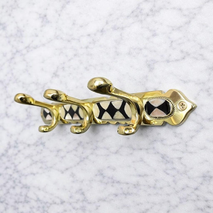Moroccan Brass Wall Hook – Gold Vintage Coat Rack with Mother of Pearl