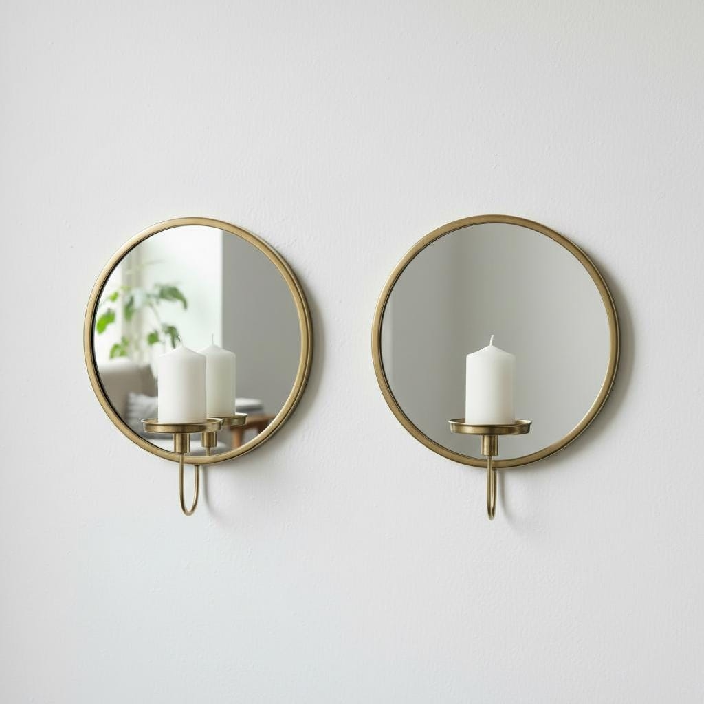 Set of 2 Round Brass Mirror Candle Holders, Minimal Wall Sconces, Vintage Pair