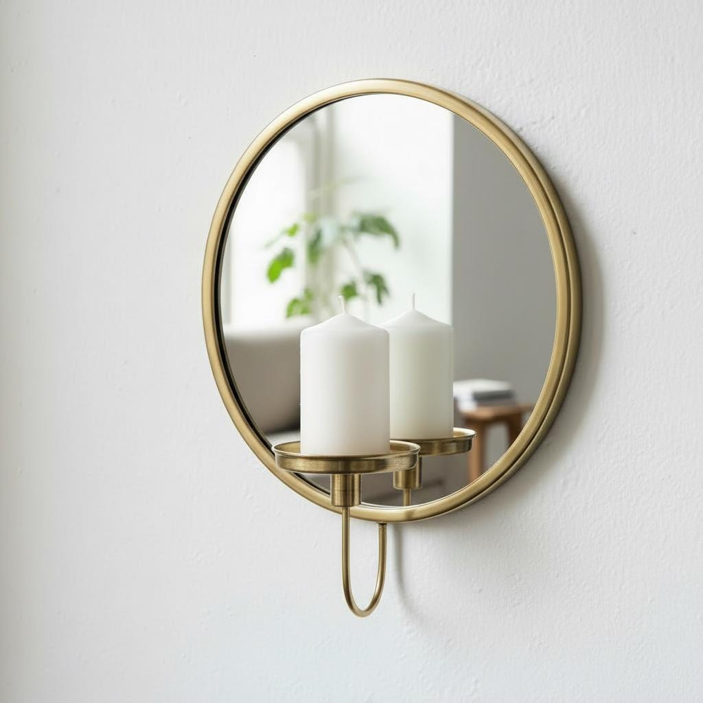 Set of 2 Round Brass Mirror Candle Holders, Minimal Wall Sconces, Vintage Pair