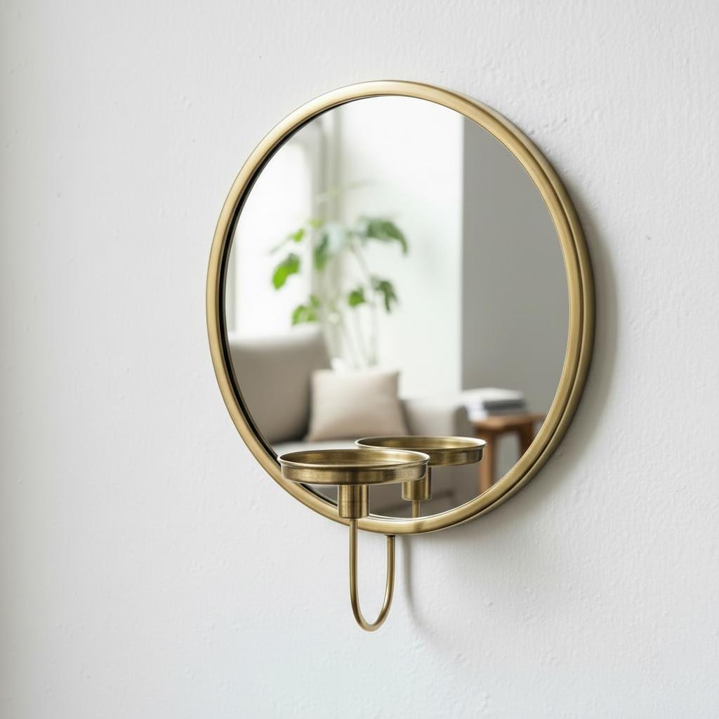 Set of 2 Round Brass Mirror Candle Holders, Minimal Wall Sconces, Vintage Pair