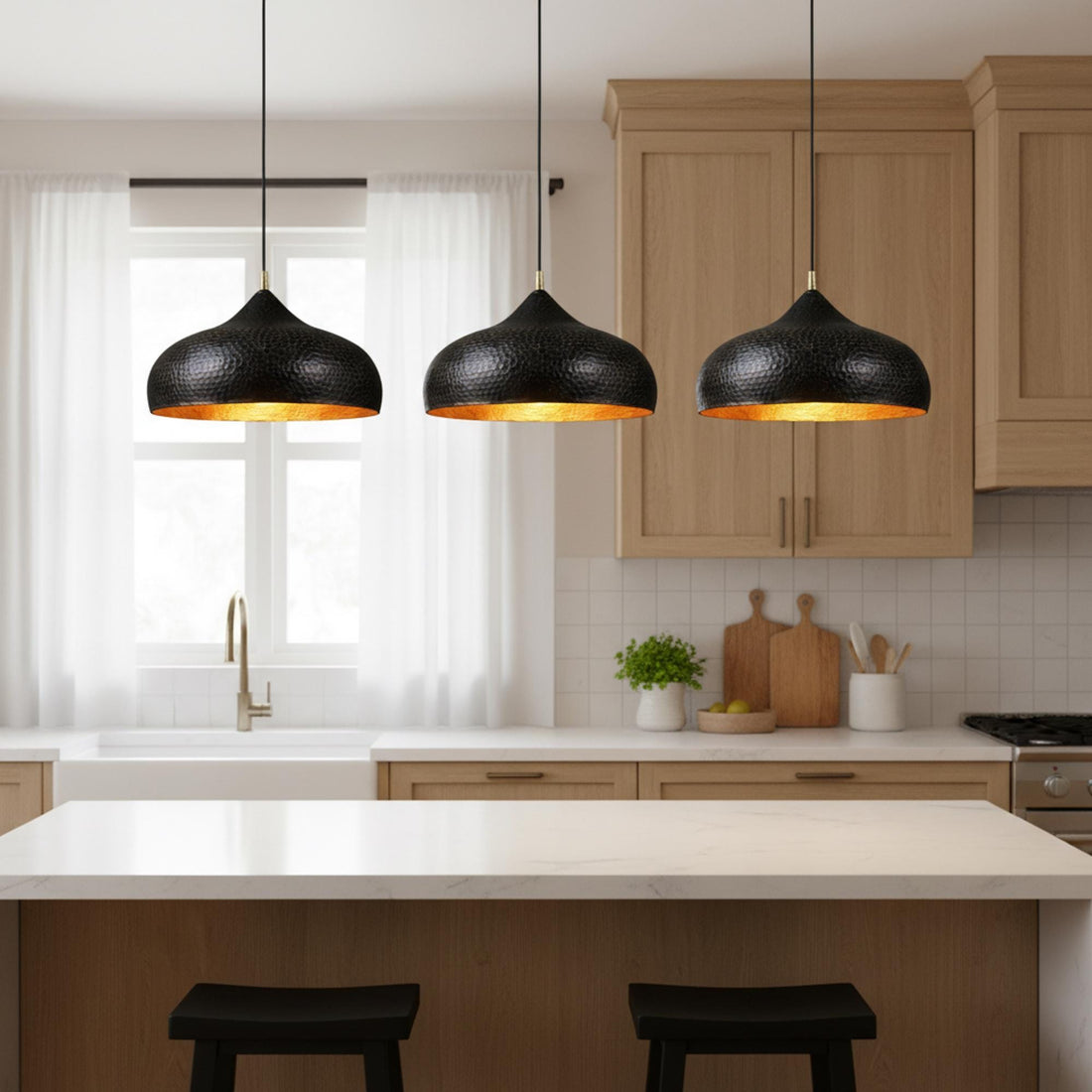 Brass Pendant Light for Kitchen Island, Black Dome Ceiling Lamp, Hand Hammered Gold Interior