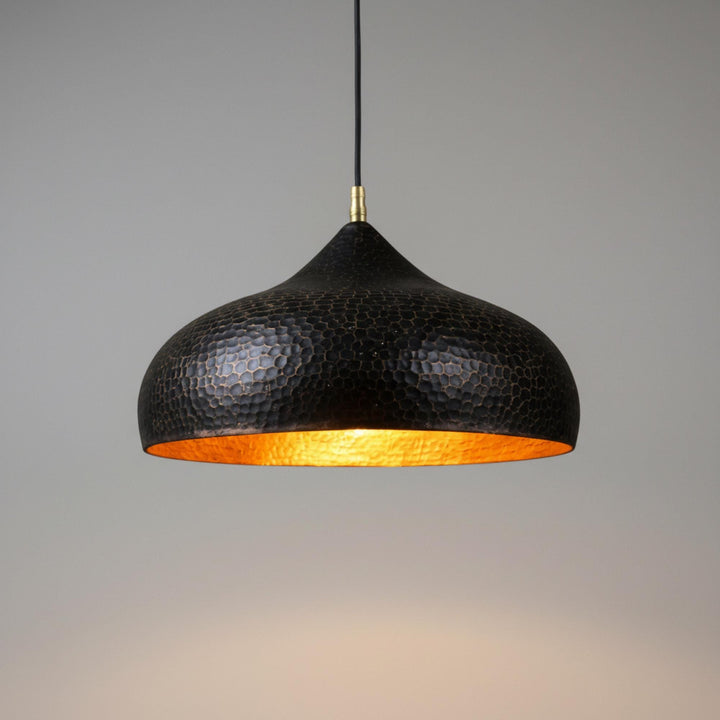 Brass Pendant Light for Kitchen Island, Black Dome Ceiling Lamp, Hand Hammered Gold Interior