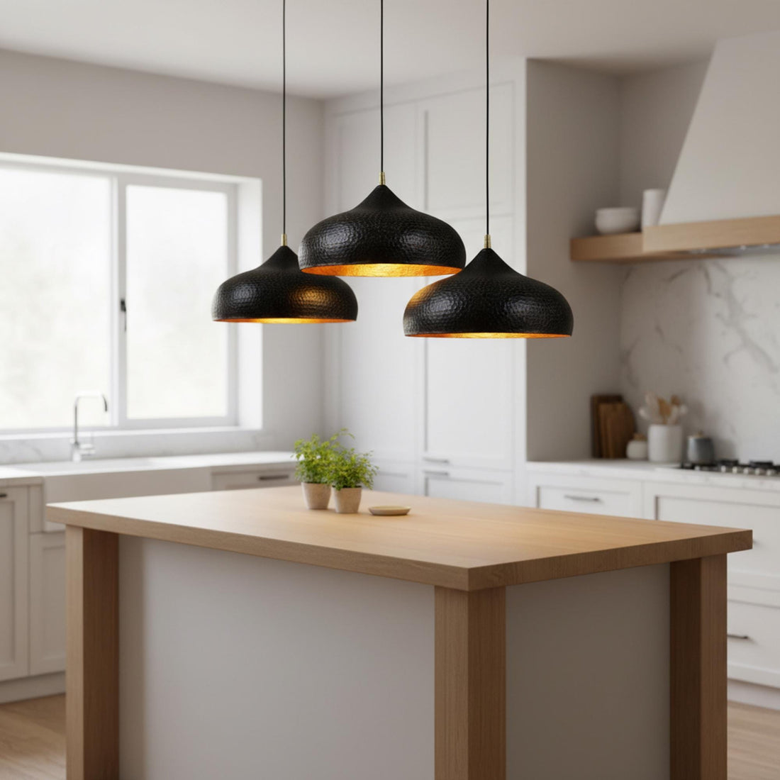 Brass Pendant Light for Kitchen Island, Black Dome Ceiling Lamp, Hand Hammered Gold Interior