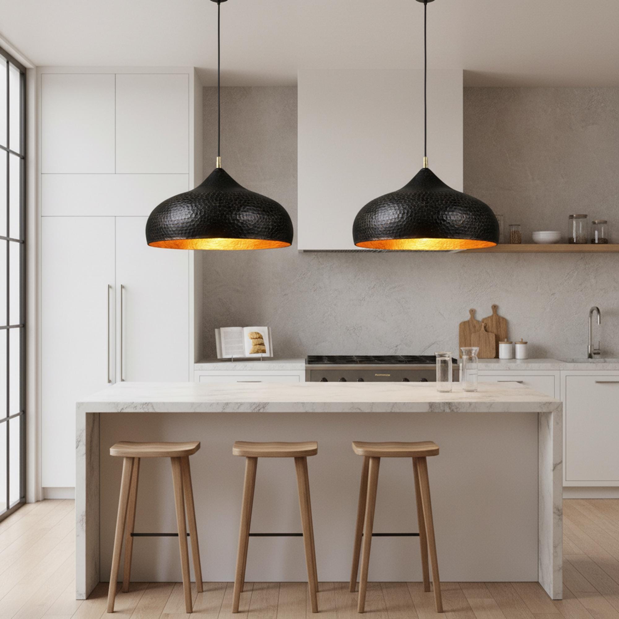Brass Pendant Light for Kitchen Island, Black Dome Ceiling Lamp, Hand Hammered Gold Interior