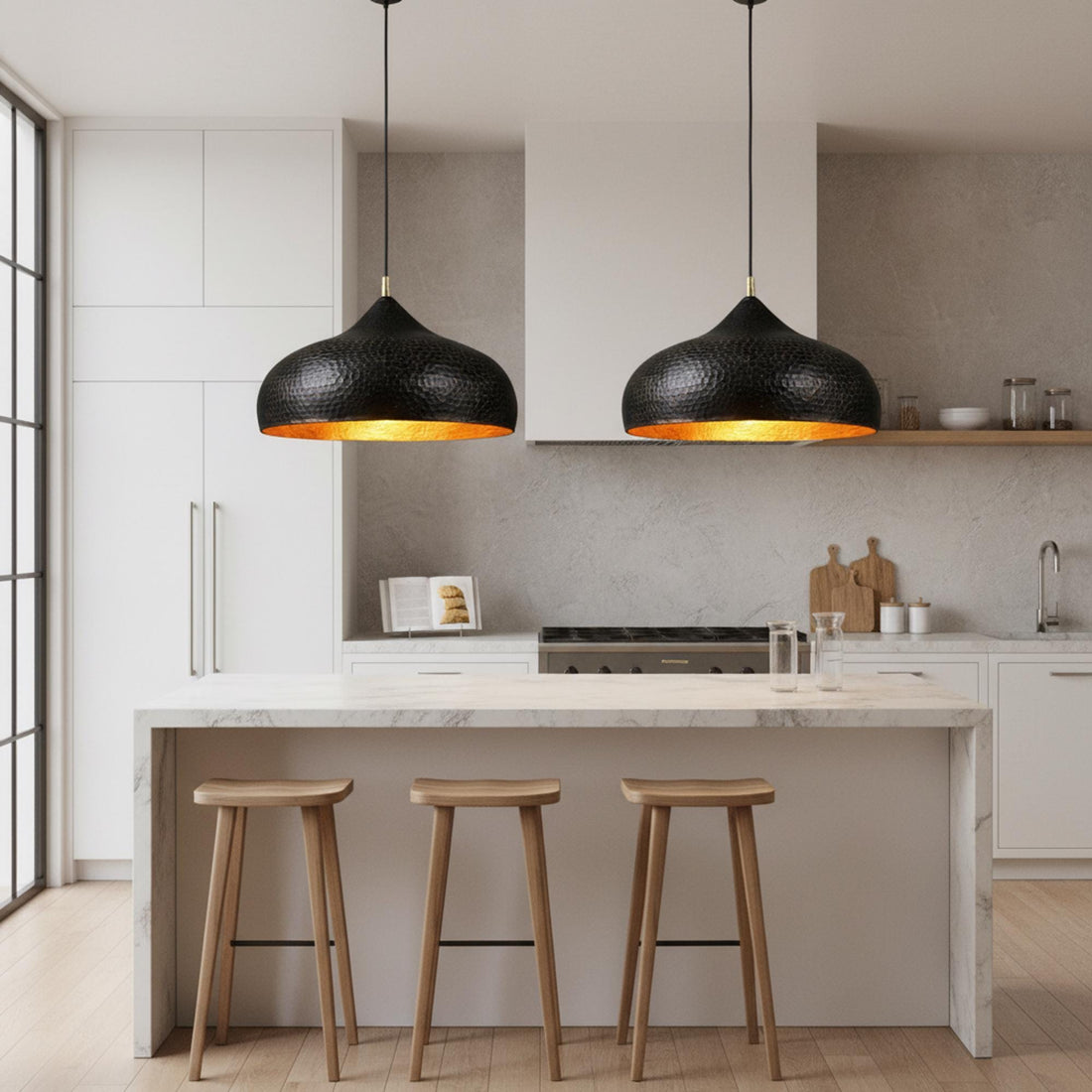 Brass Pendant Light for Kitchen Island, Black Dome Ceiling Lamp, Hand Hammered Gold Interior