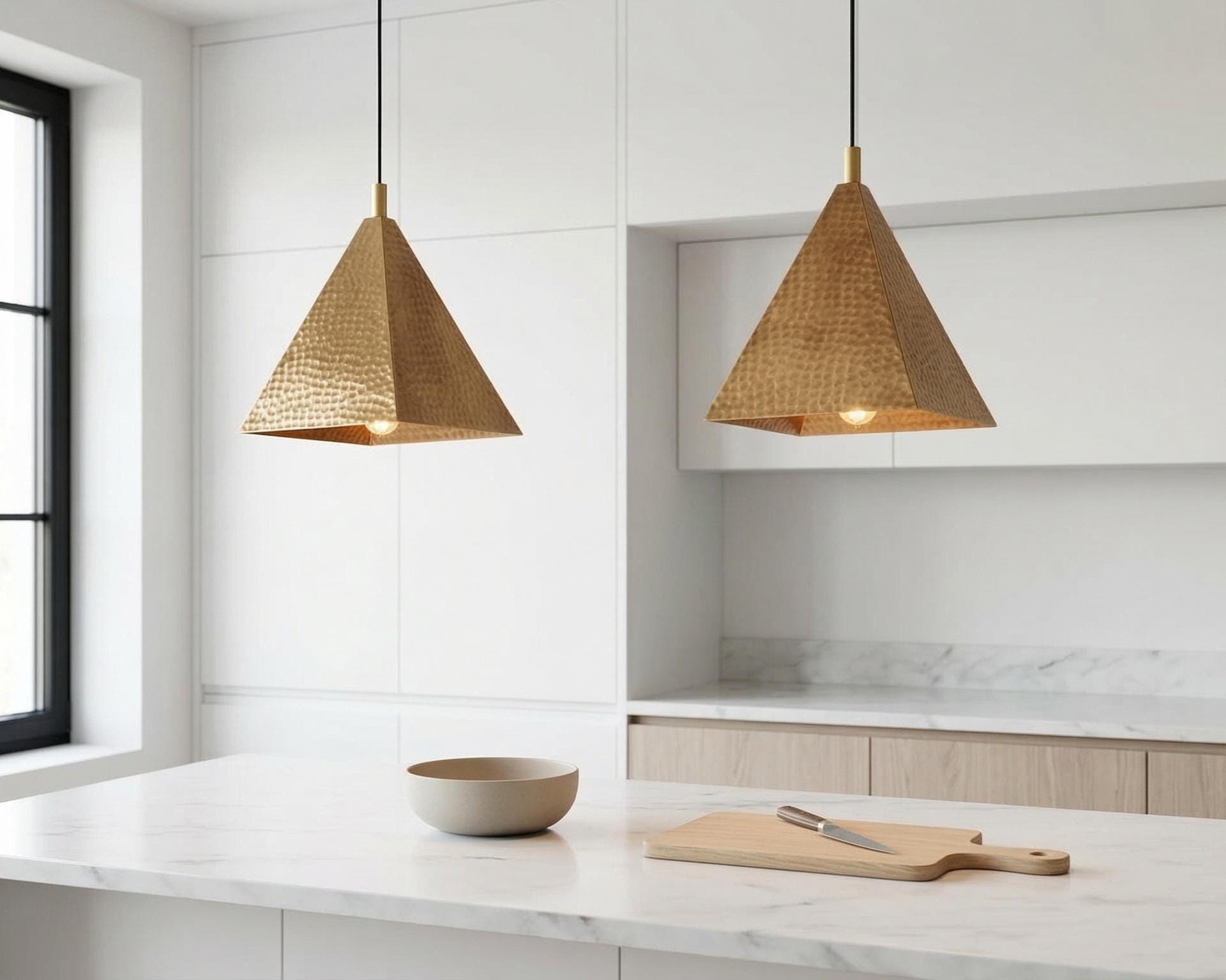 Handmade Moroccan Pyramid Pendant Light, Hammered Brass or Copper Kitchen Island Lamp