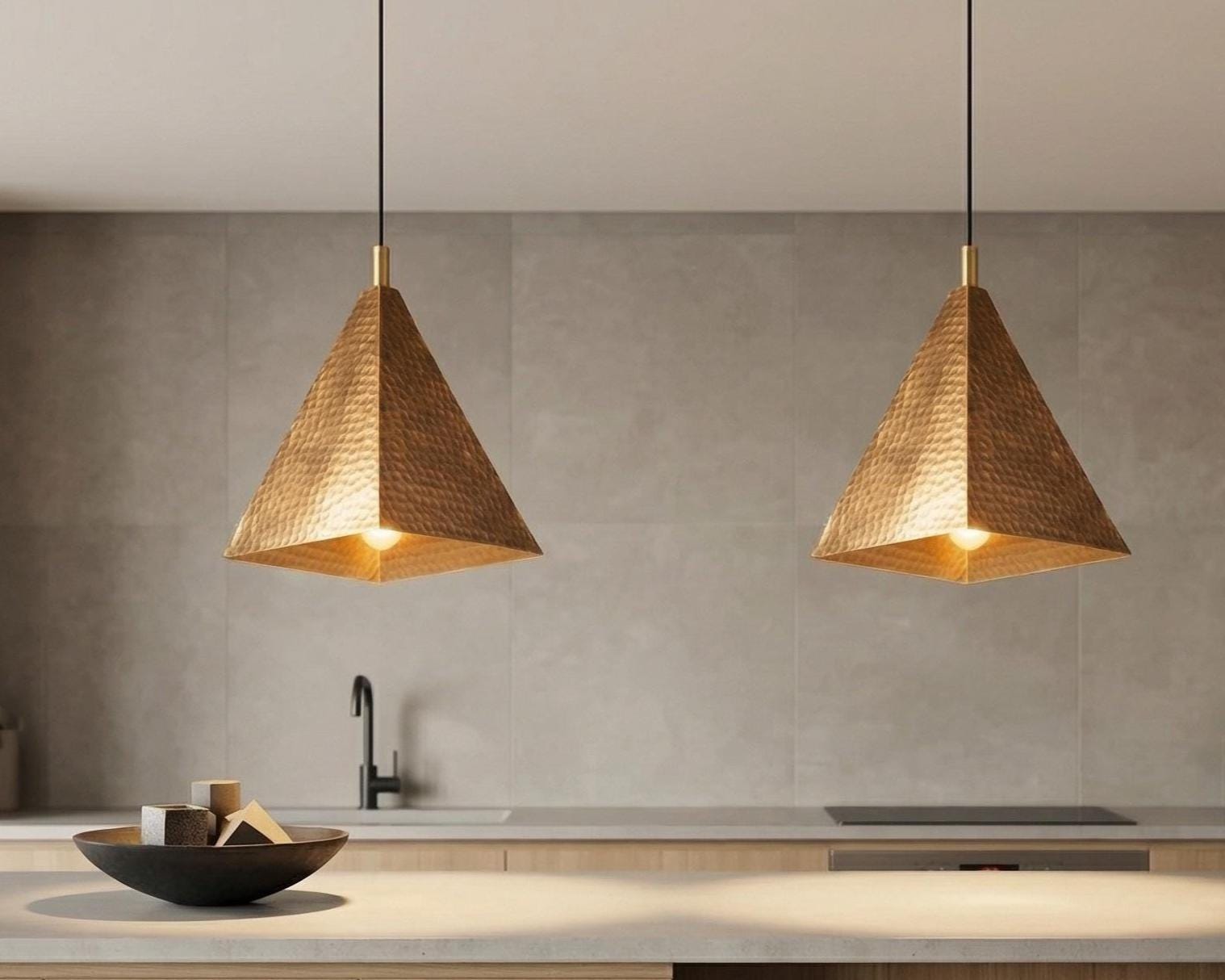 Handmade Moroccan Pyramid Pendant Light, Hammered Brass or Copper Kitchen Island Lamp