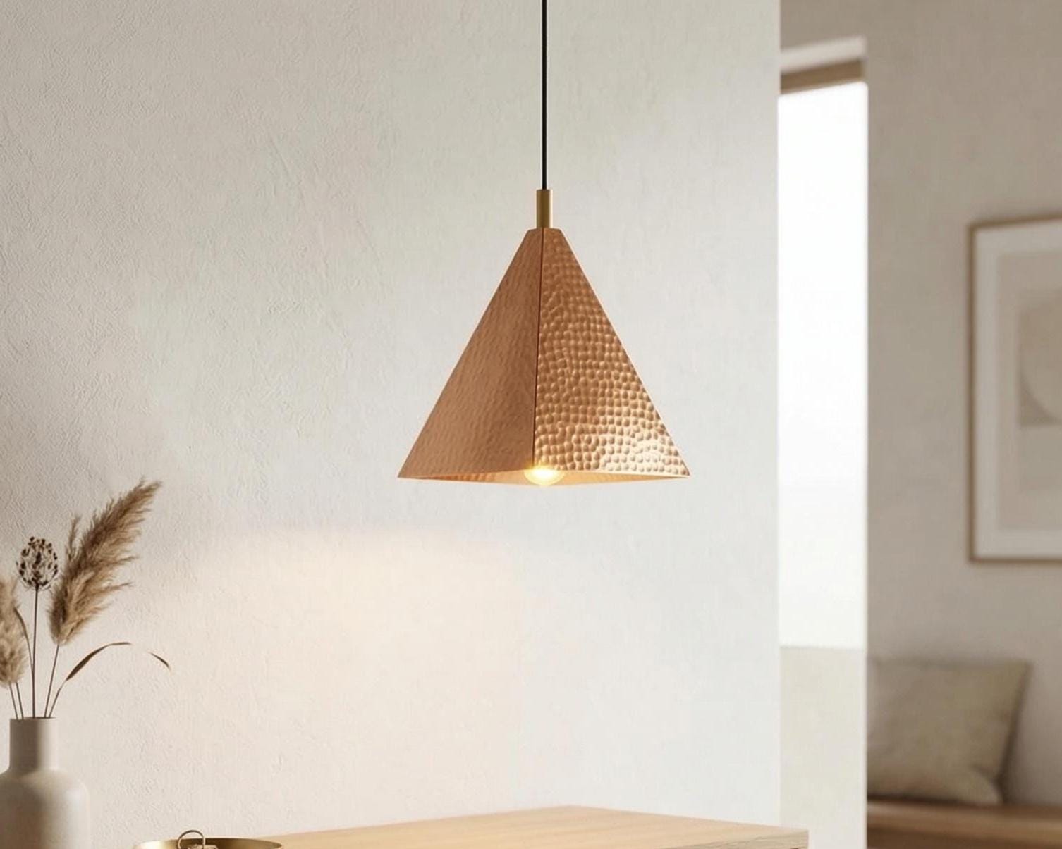 Handmade Moroccan Pyramid Pendant Light, Hammered Brass or Copper Kitchen Island Lamp