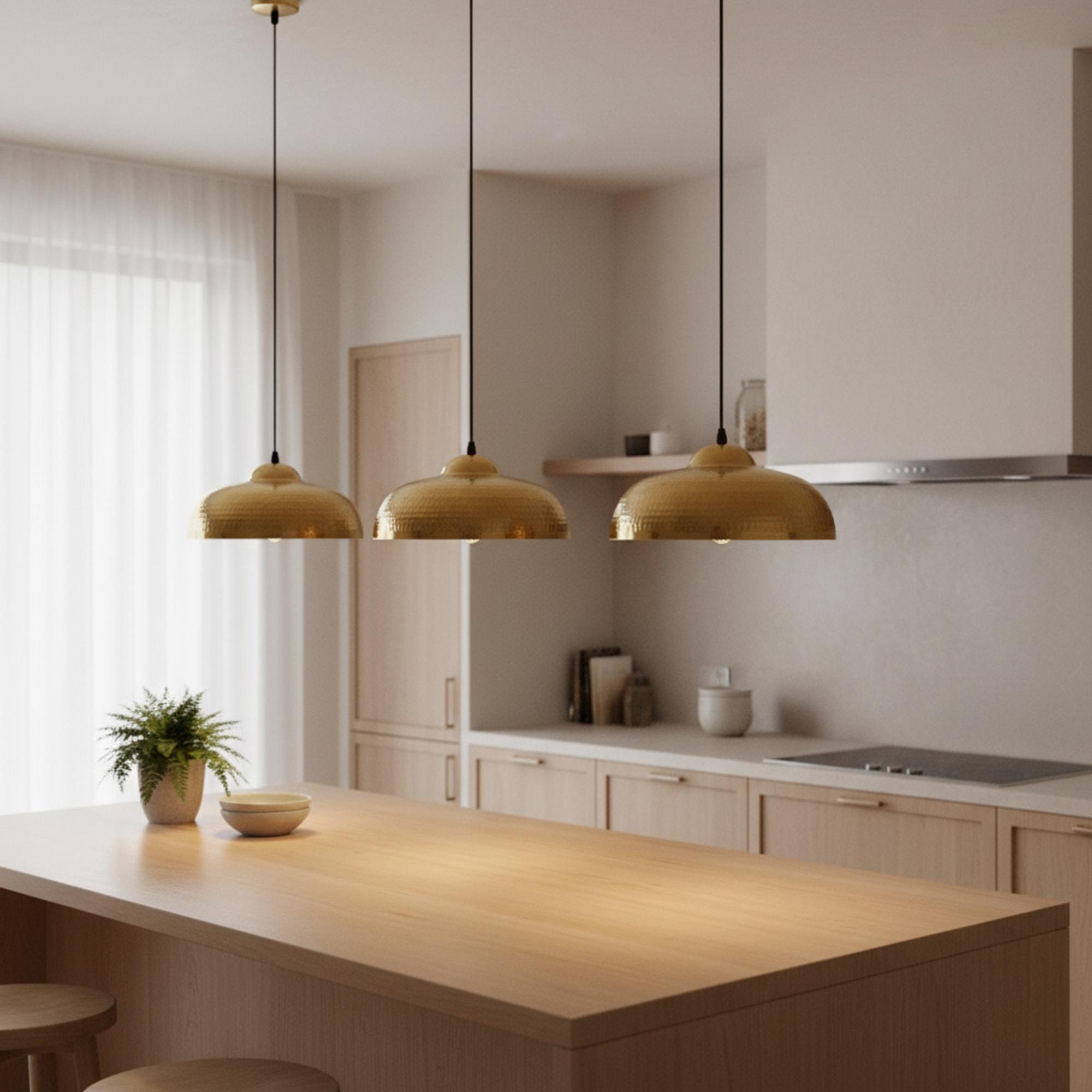 Brass Pendant Lights for Kitchen Island – Hammered Antique Dome Ceiling Lamp
