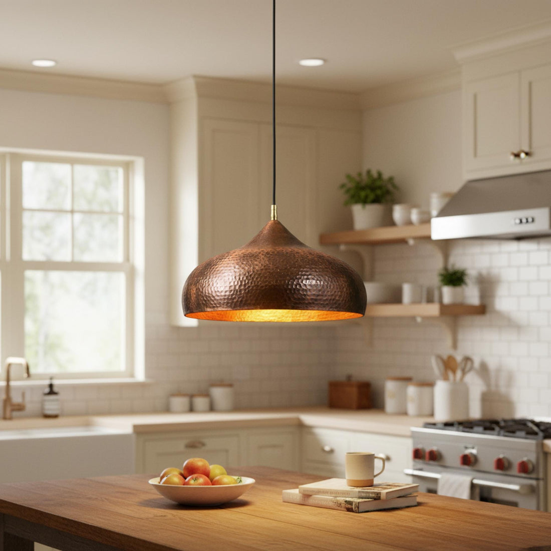 Copper Pendant Light for Kitchen Island – Hammered Dome Ceiling Lamp