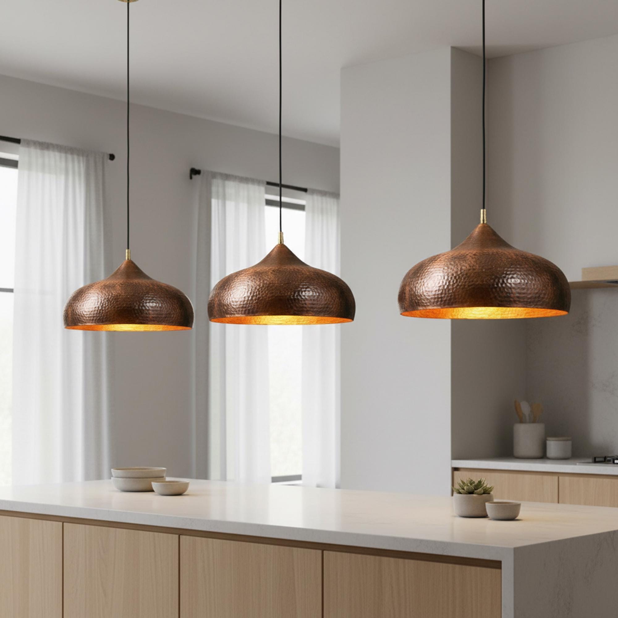 Copper Pendant Light for Kitchen Island – Hammered Dome Ceiling Lamp