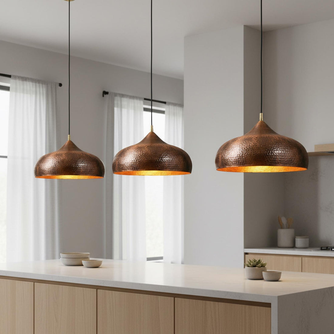 Copper Pendant Light for Kitchen Island – Hammered Dome Ceiling Lamp
