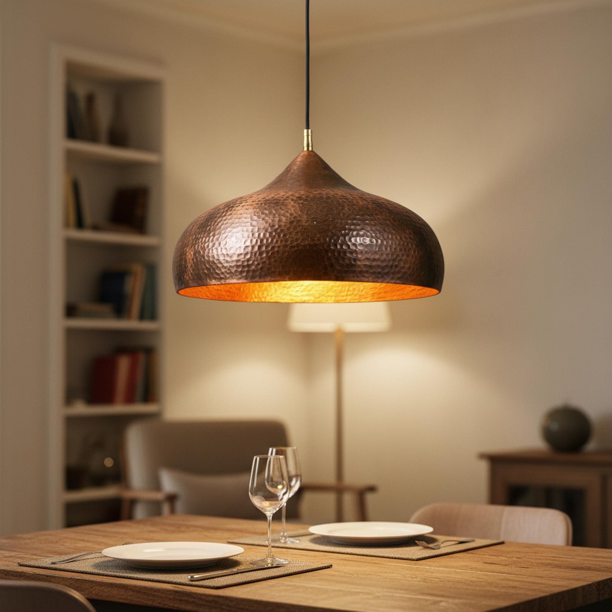 Copper Pendant Light for Kitchen Island – Hammered Dome Ceiling Lamp