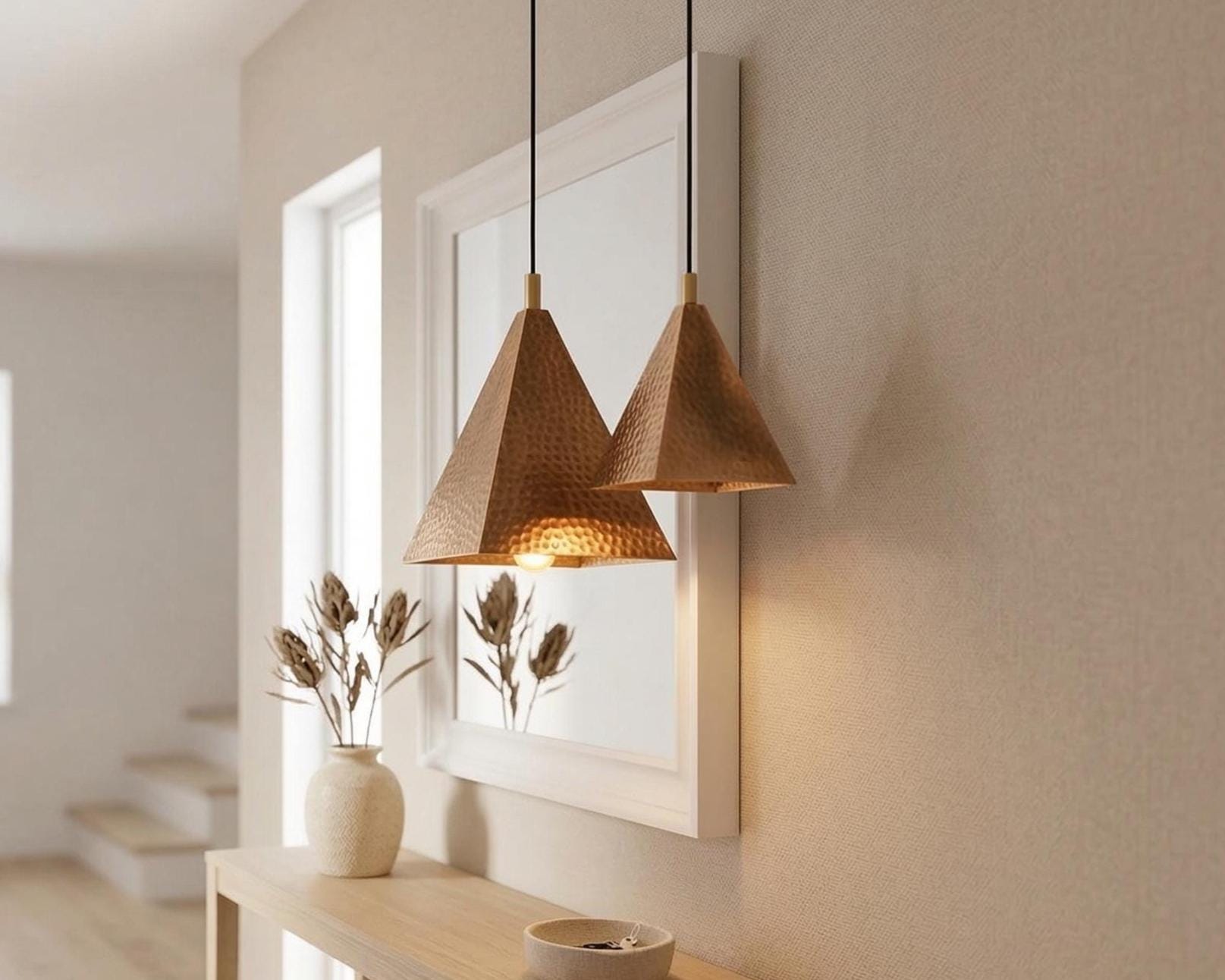 Handmade Moroccan Pyramid Pendant Light, Hammered Brass or Copper Kitchen Island Lamp