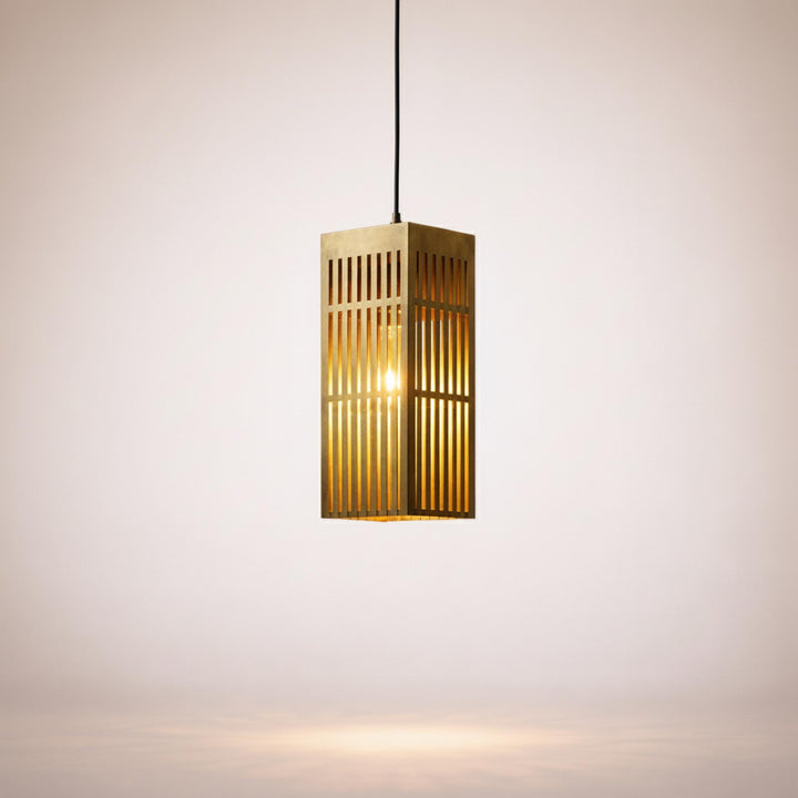 Brushed Brass Lantern Pendant Light, Modern Slatted Rectangular Hanging Lamp