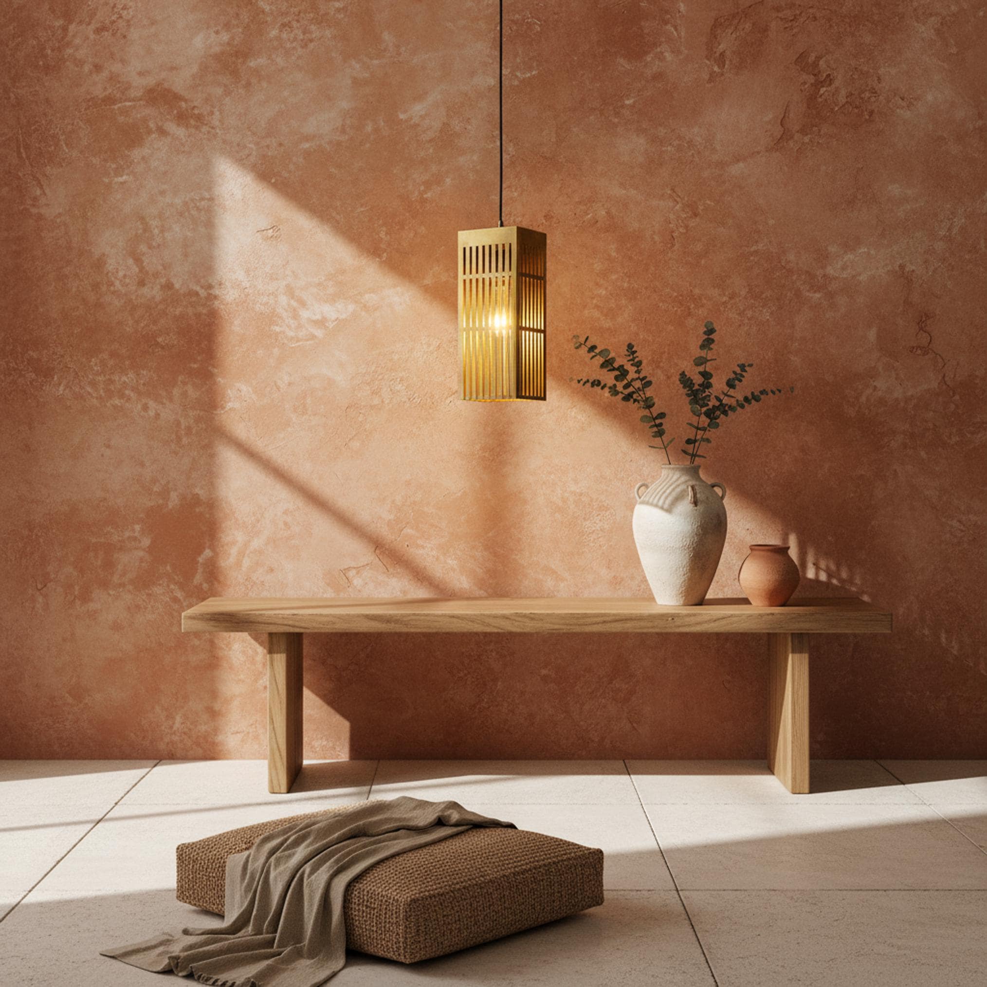 Brushed Brass Lantern Pendant Light, Modern Slatted Rectangular Hanging Lamp