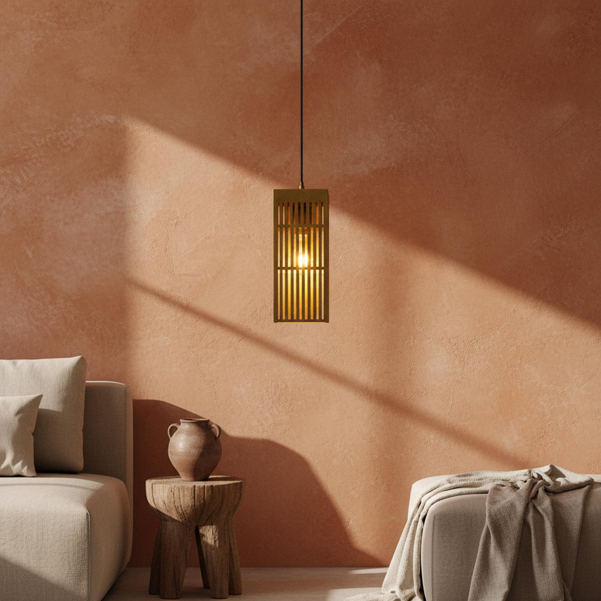 Brushed Brass Lantern Pendant Light, Modern Slatted Rectangular Hanging Lamp